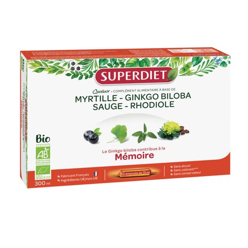 Superdiet Quatuor ginkgo Ginkgo Biloba, Sauge, Myrtille, Rhodiola 20 ampoules Bio de 15ml