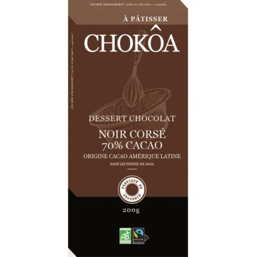 Chokoa Dessert Chocolat Noir Corsé 70% Cacao Bio 200G
