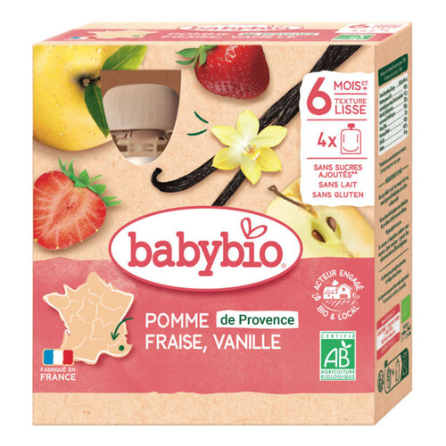 Babybio Gourde Bébé Pommes Fraises Vanille 6M 4X90gbio