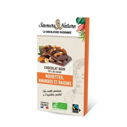 Saveurs & Nature Chocolat Noir 70% Cacao Noisettes Amandes et Raisins 100g